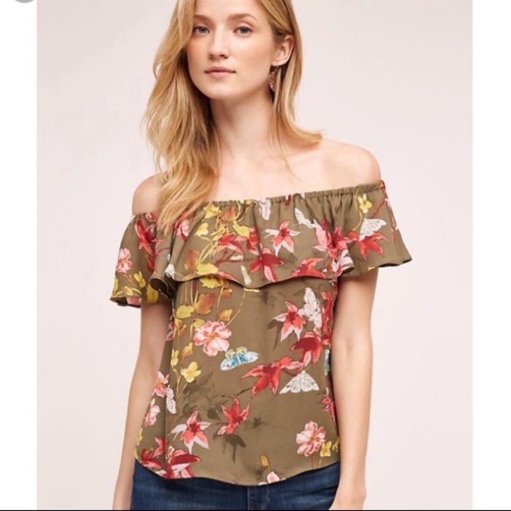 Anthropologie Maeve Butterfly Floral Off Shoulder Ruffle Top Boho Olive Green M
